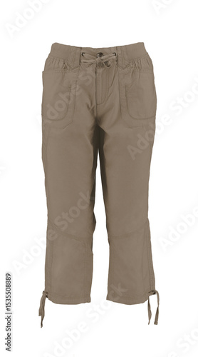 Beige capri with cord. Cargo. Photo on mannequin without model. Isolated image on a white background. Nobody.