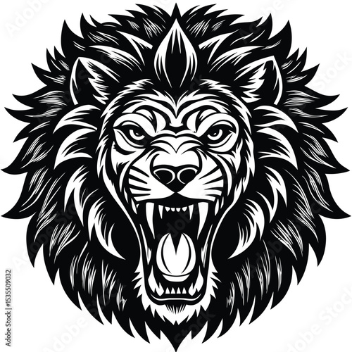 Powerful black and white lion head roaring depicting strength and wildness