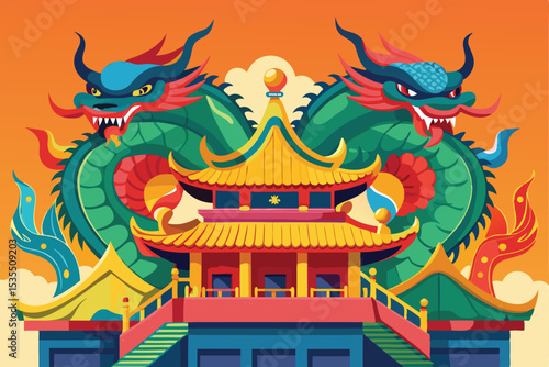 Golden Chinese dragon sculptures adorn temple roofs and walls, embodying ancient Asian culture and power