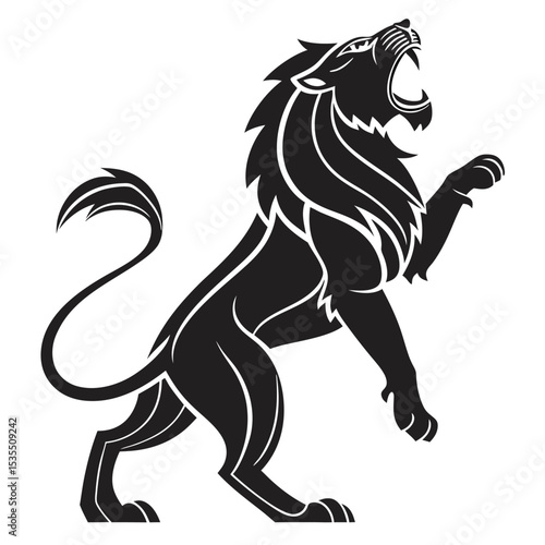 Powerful black silhouette of a roaring lion with raised paw isolated on white background