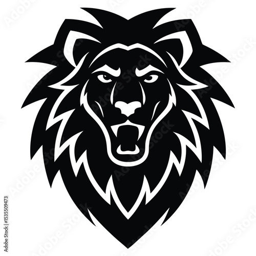 Powerful roaring lion head black and white vector illustration for logo design