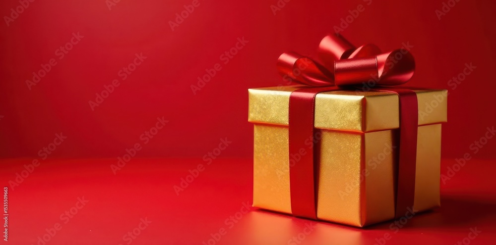 Luxurious golden gift box with vibrant red bow, festive red backdrop , new year, holiday Luxurious golden gift box with vibrant red bow, festive red backdrop , new year, holiday