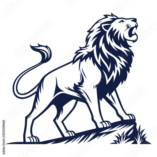 Roaring lion illustration standing proudly on a rocky outcrop emblem for business design