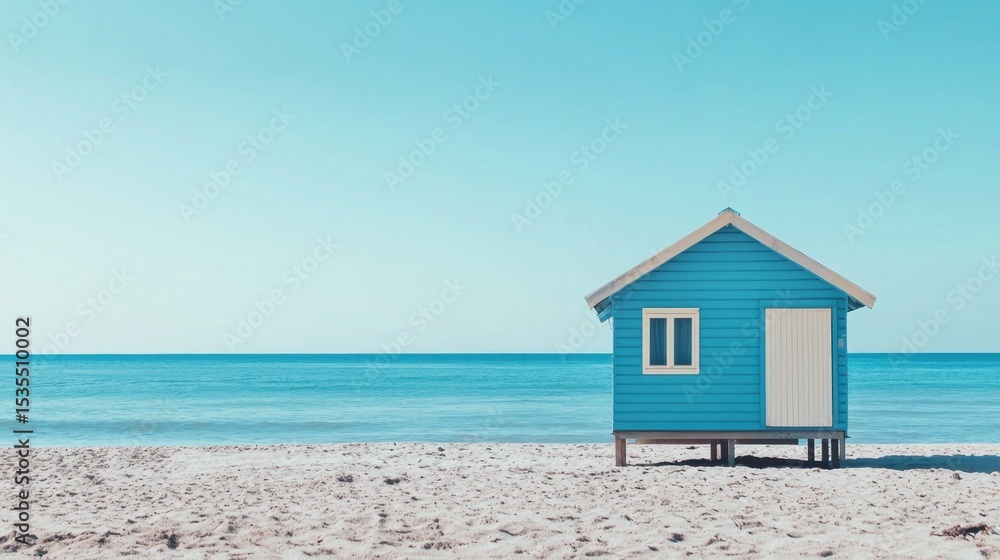 Fototapeta premium A blue and white beach hut on a sandy beach with the ocean in the background.
