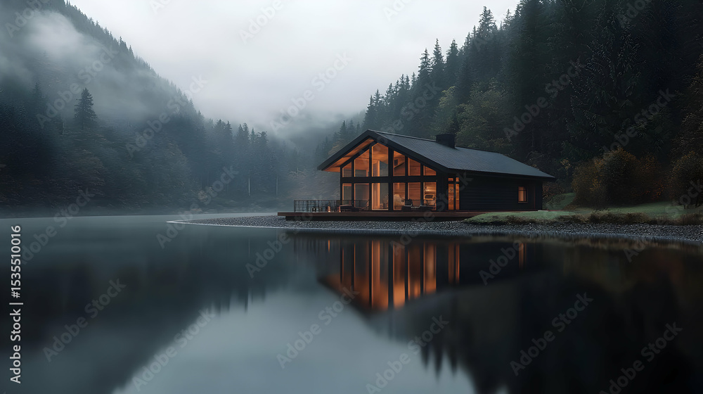 Fototapeta premium Illuminated Modern Cabin By Lakeside In Foggy Forest