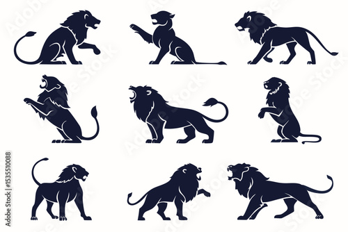 Silhouette collection of elegant lion illustrations depicting various poses and actions in vector format