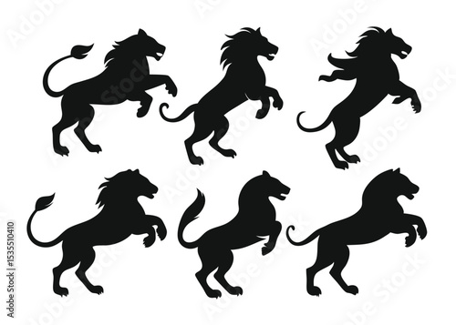 Silhouette illustrations of lions posing in various upright positions against a white background