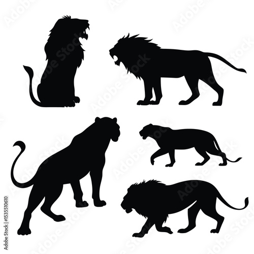Silhouettes of majestic lions and lionesses in various poses black and white vector illustration