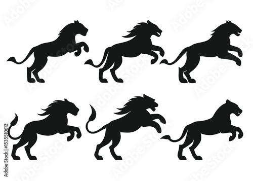 Silhouettes of six jumping lions in different poses on a white background