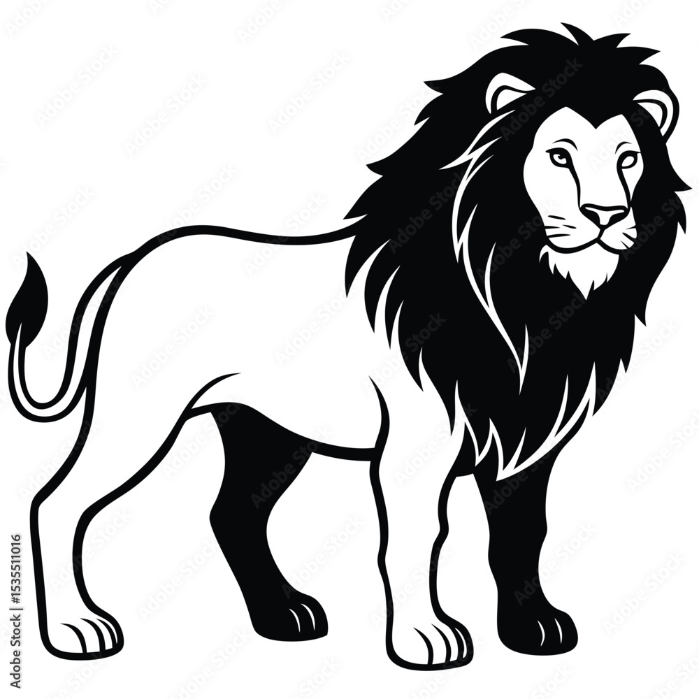 Obraz premium Striking black and white illustration of a majestic african lion in standing pose