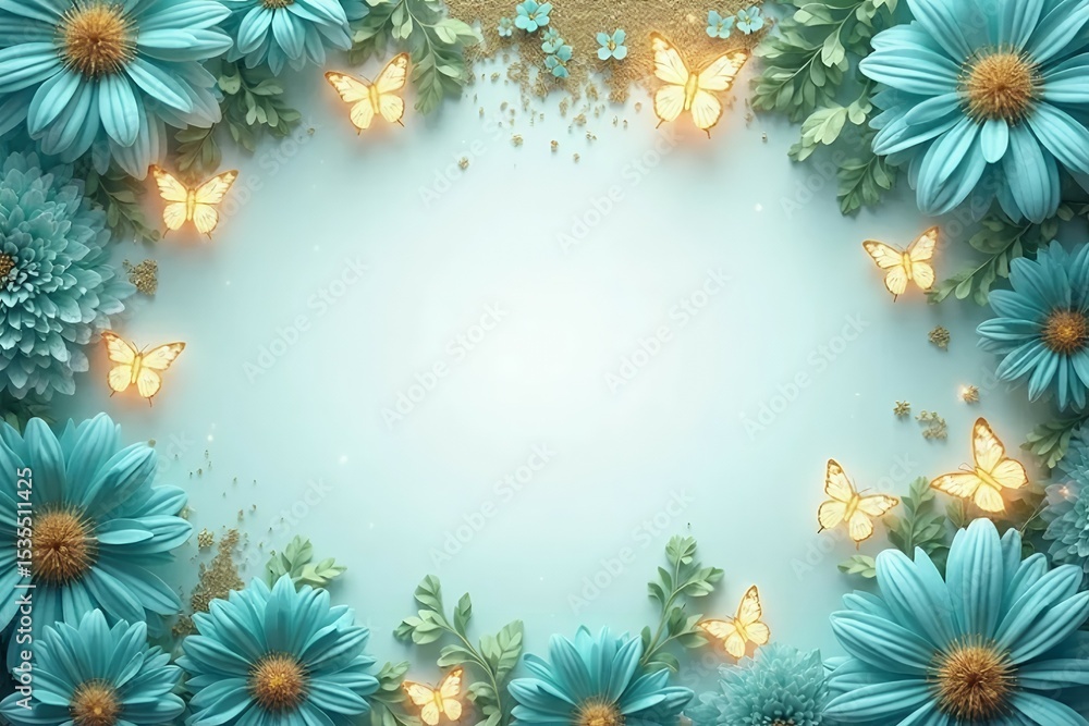 Obraz premium An invitation background with teal flowers and shimmering aqua glitter.