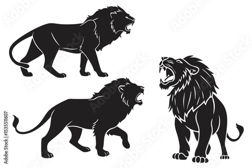 Vector illustration of roaring lions in various poses isolated on a white background
