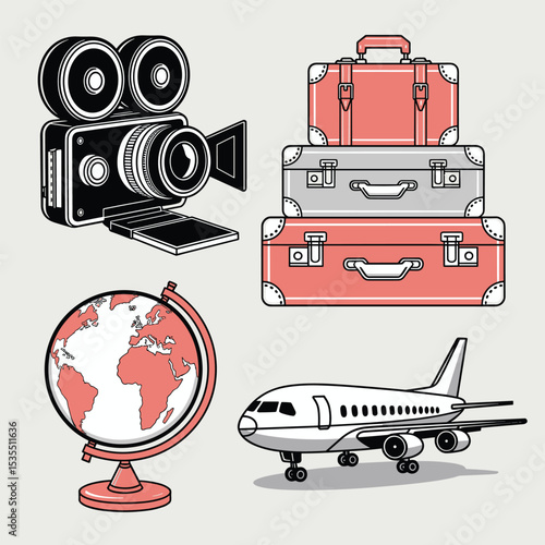 Travel Icons: Camera, Suitcases, Globe, and Airplane