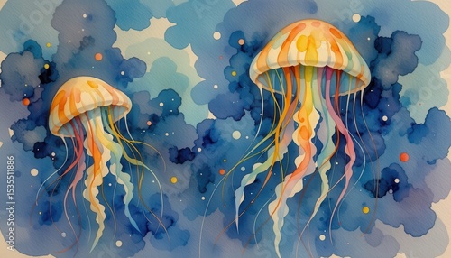 jellyfish with rainbow tentacles, soft whimsical watercolor