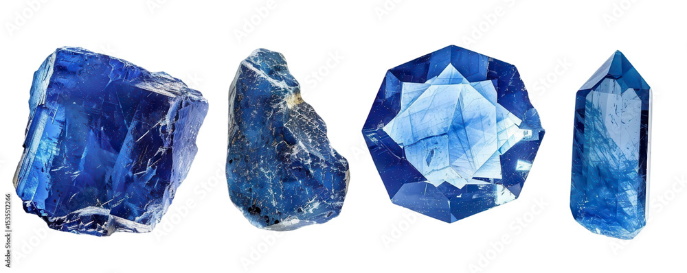 Naklejka premium Four different blue gemstones with varying shapes and cuts.
