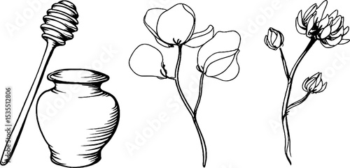 Minimalist line art set featuring beehive elements and honey stirrer for design projects