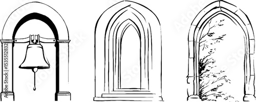 Elegant line art set featuring bell, sconce, and gothic archways for creative design