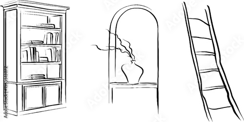 Minimalist line art set featuring built-in bookshelf, archway, and ladder for interior design inspiration