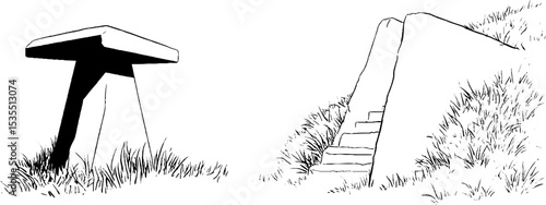 Minimalist line art of bunker structures with grass elements