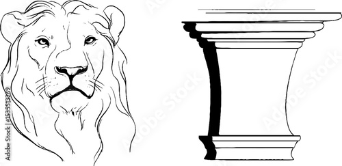 Elegant line art of lion face and carved cornice design for decor and architecture