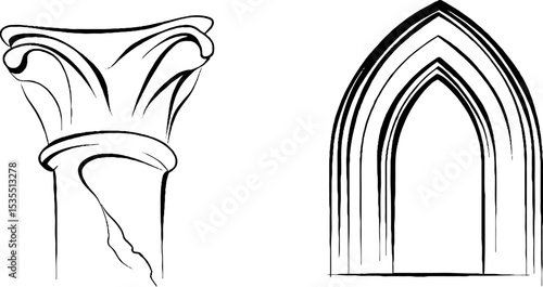 Architectural line art set featuring carved column capital and gothic arch design