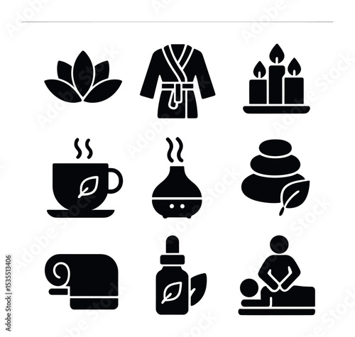 Soothing Wellness Icons. Solid, filled icons set of soothing wellness retreats: lotus flower, bathrobe,