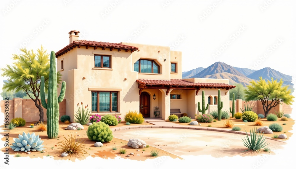 Fototapeta premium watercolor painting, desert two story house with adobe walls, flat roof, cactus garden setting, white background, photorealistic, high quality.