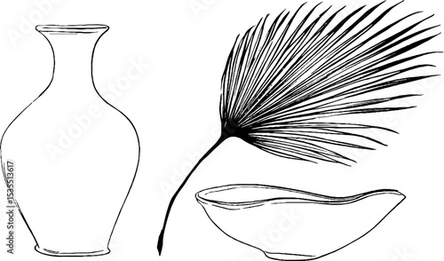 Modern minimalist line art set featuring ceramic vase leaf and bowl design for home decor