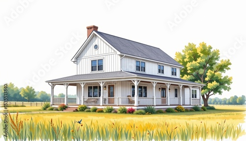 watercolor painting, modern farmhouse two story house with board and batten siding, large porch, rural field setting, white background