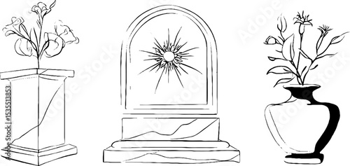 Classical chariot relief and floral line art illustration set for artistic projects