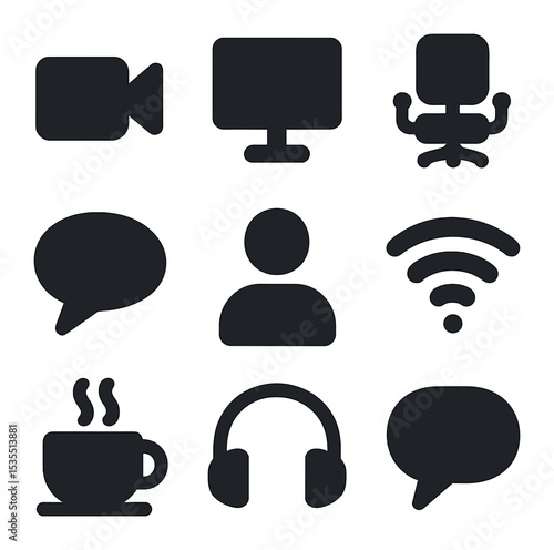 Office Communication Icons. Solid, filled icons set of digital communication in office: video camera, computer