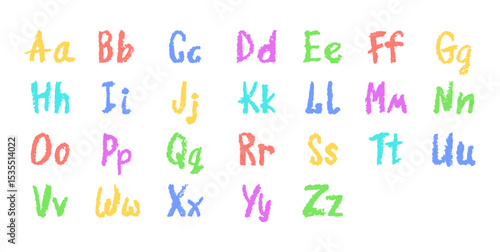 Colorful English alphabet hand-drawn in a crayon. Capital and lowercase letters in chalk, pastel, or wax style. Highlighter effect on board for kindergarten drawing and learning. Vector illustration