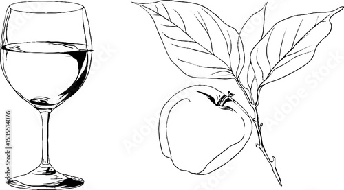 Line art illustration set featuring cider glass and apple branch design for print
