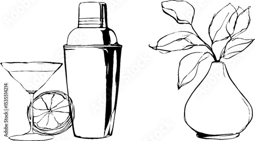 Elegant line art cocktails and botanicals set for decorative design