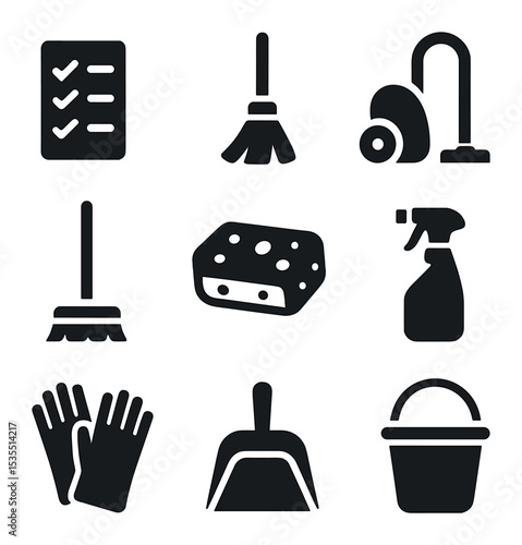 Spring Cleaning Icons Set. Solid, filled icons set of thorough spring cleaning: checklist, broom, vacuum