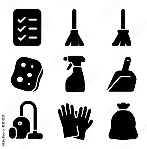Spring Cleaning Icons. Solid, filled icons set of spring cleaning checklist: checklist icon, broom, mop,
