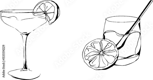 Elegant line art of cocktail glasses with lemon garnish for beverage design