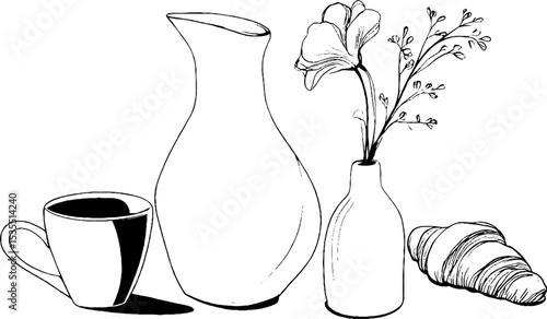 Minimalist coffee and breakfast still life with vase and flowers for chic kitchen decor