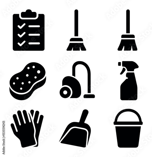 Spring Cleaning Icons. Solid, filled icons set of getting home ready for spring: checklist, mop, broom, sponge