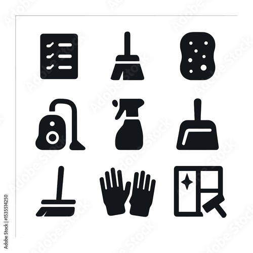 Seasonal Cleaning Icons. Solid, filled icons set of seasonal deep cleaning: checklist, broom, sponge, vacuum,