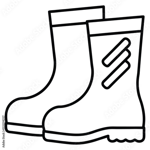 Minimalist line art icon representing a pair of rain boots (wellingtons). Perfect for monsoon fashion, outdoor gear, or rainy day themed vector graphics.