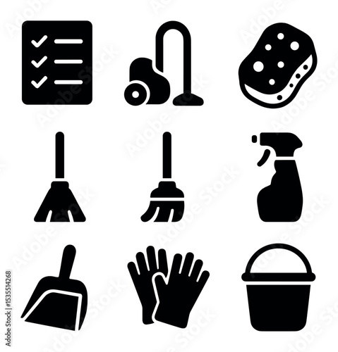 Cleaning Icons Grid. Solid, filled icons set of freshening up your space: checklist, vacuum cleaner, sponge,