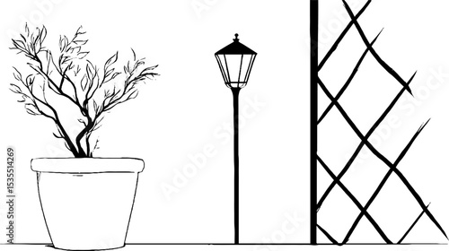 Minimalist line art set with concrete planter and garden elements for design projects