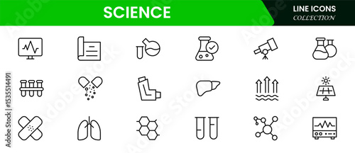Precise vector web line icons depicting science, research, experiments, lab equipment, and innovative discoveries for advancing knowledge.