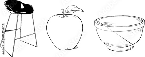 Minimalistic line art illustration set featuring designer stool, apple, and bowl for creative design projects