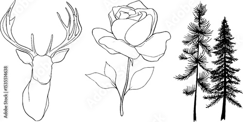 Elegant line art set featuring deer, rose, and evergreen trees for design projects