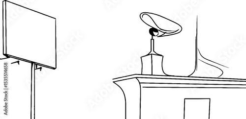 Minimalist line art of digital billboard and satellite dish for advertising design
