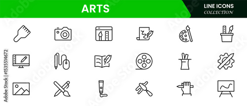 Vibrant vector web line icons depicting arts, culture, music, theater, painting, and heritage for creative and cultural expression.