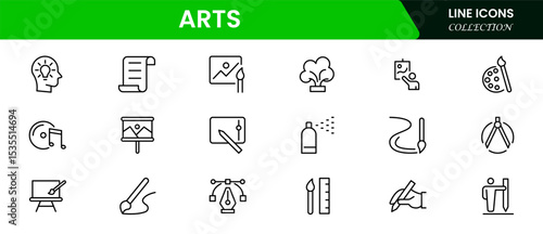 Vibrant vector web line icons depicting arts, culture, music, theater, painting, and heritage for creative and cultural expression.