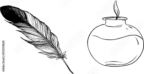 Minimalist line art set featuring a fallen feather and decorative vase for elegant design